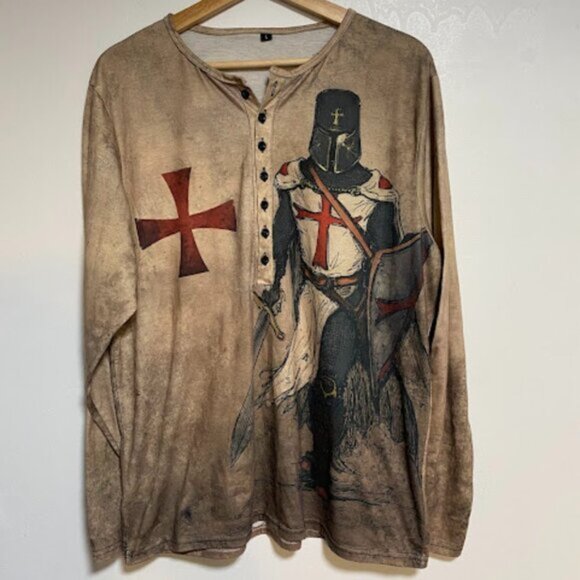 Templar Knight Crusader Long-Sleeve Women's Henley Shirt T-Shirt Size L - Picture 2 of 9